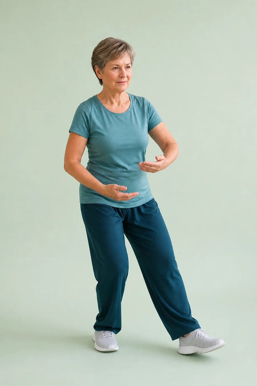 Woman practicing a slow, mindful Tai Chi step
